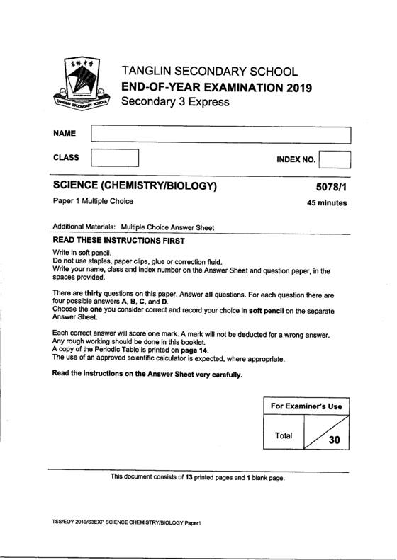 Tanglin 2019 Sec 3 Combined Biology End-of-Year Exam, page 1