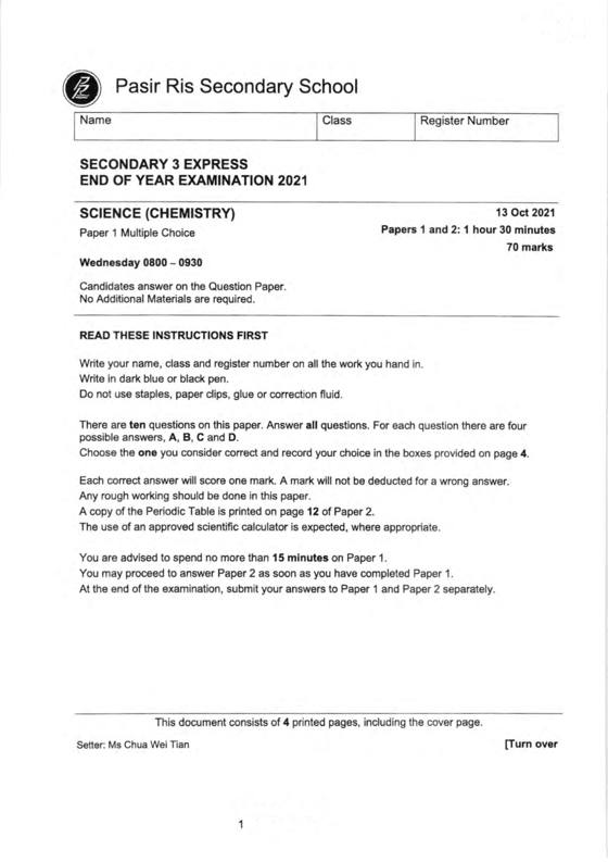 Pasir Ris 2021 Sec 3 Combined Chemistry End-of-Year Exam, page 1