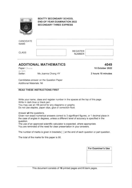 Beatty 2022 Sec 3 A-Math End-of-Year Exam, page 1