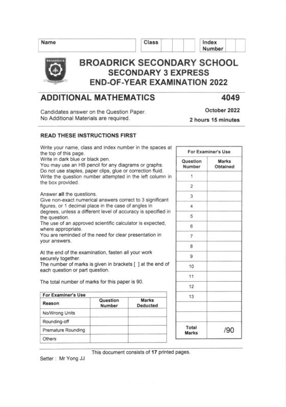 Broadrick 2022 Sec 3 A-Math End-of-Year Exam, page 1
