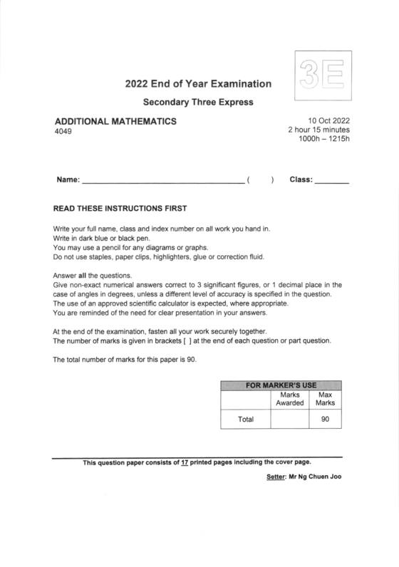 Canberra 2022 Sec 3 A-Math End-of-Year Exam, page 1