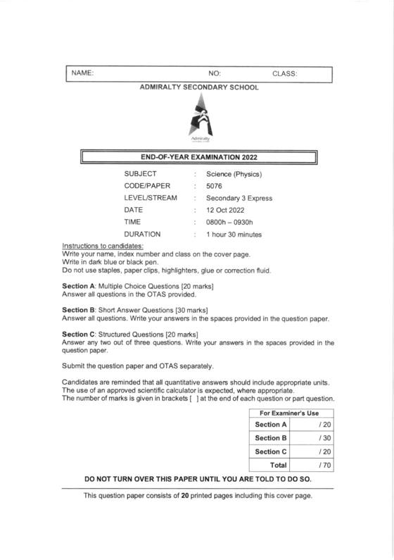 Admiralty 2022 Sec 3 Combined Physics End-of-Year Exam, page 1