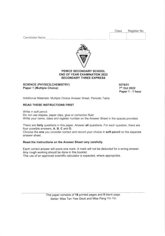 Peirce 2022 Sec 3 Combined Physics End-of-Year Exam, page 1