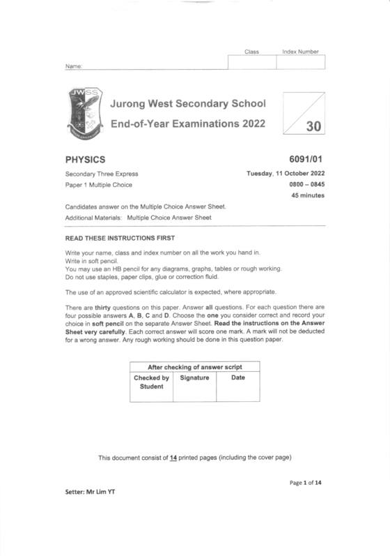 Jurong West 2022 Sec 3 Physics End-of-Year Exam, page 1