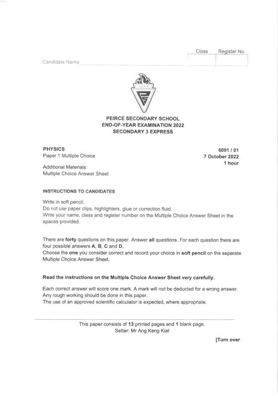 Peirce 2022 Sec 3 Physics End-of-Year Exam, page 1