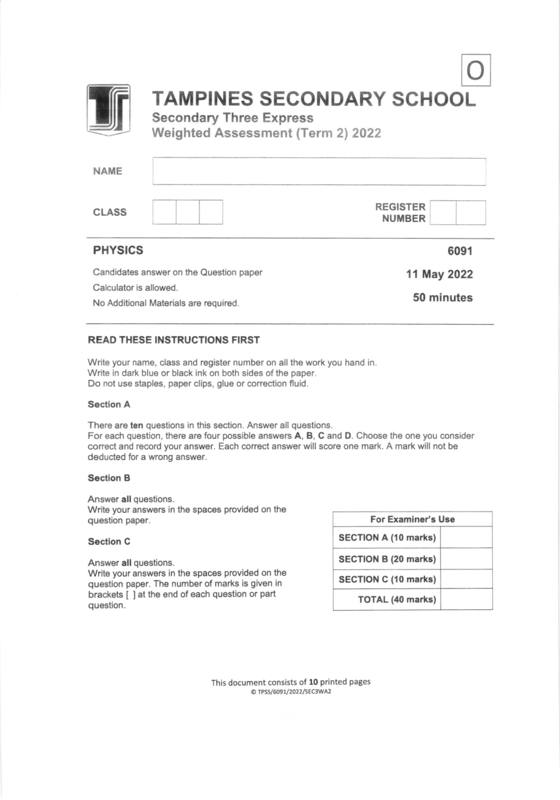 Tampines 2022 Sec 3 Physics Weighted Assessment 2, page 1