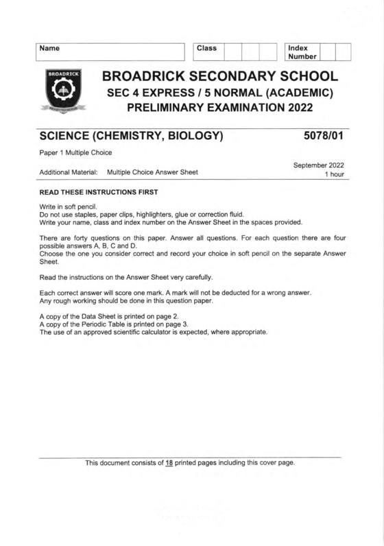 Broadrick 2022 Sec 4 Combined Chemistry Prelim Exam, page 1