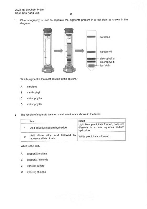 Chua Chu Kang 2022 Sec 4 Combined Chemistry Prelim Exam, page 1