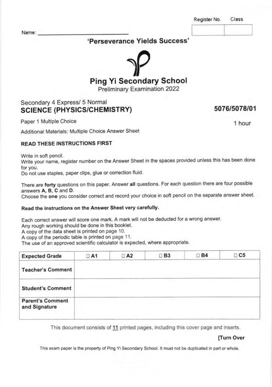 Ping Yi 2022 Sec 4 Combined Chemistry Prelim Exam, page 1