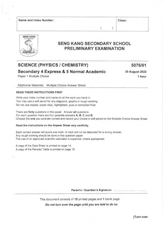 Seng Kang 2022 Sec 4 Combined Chemistry Prelim Exam, page 1