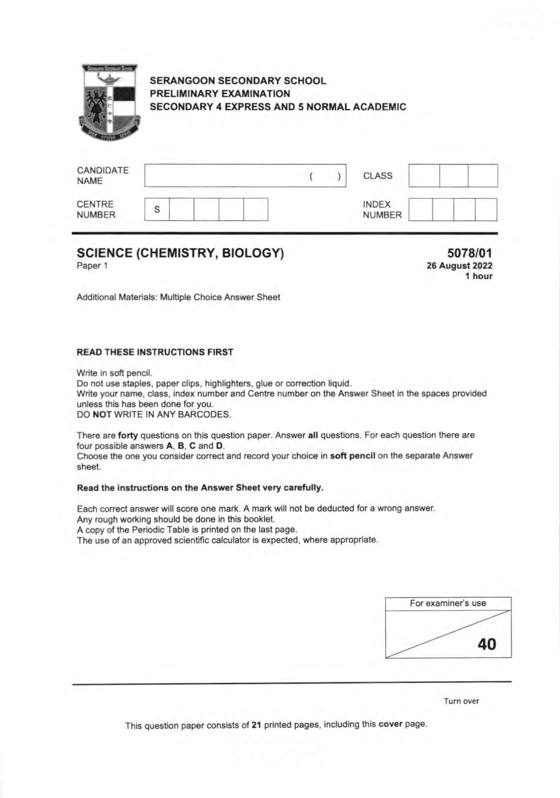 Serangoon 2022 Sec 4 Combined Chemistry Prelim Exam, page 1