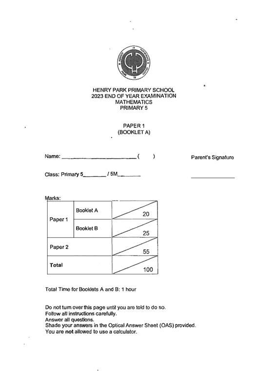 Henry Park 2023 P5 Maths End-of-Year Exam, cover