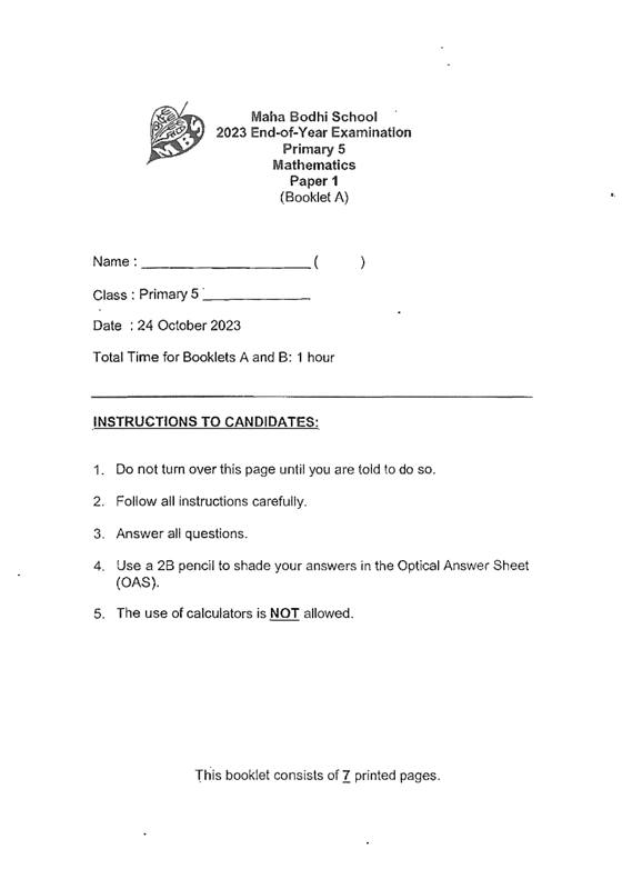Maha Bodhi 2023 P5 Maths End-of-Year Exam, cover
