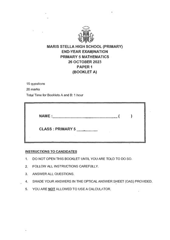 Maris Stella 2023 P5 Maths End-of-Year Exam, cover