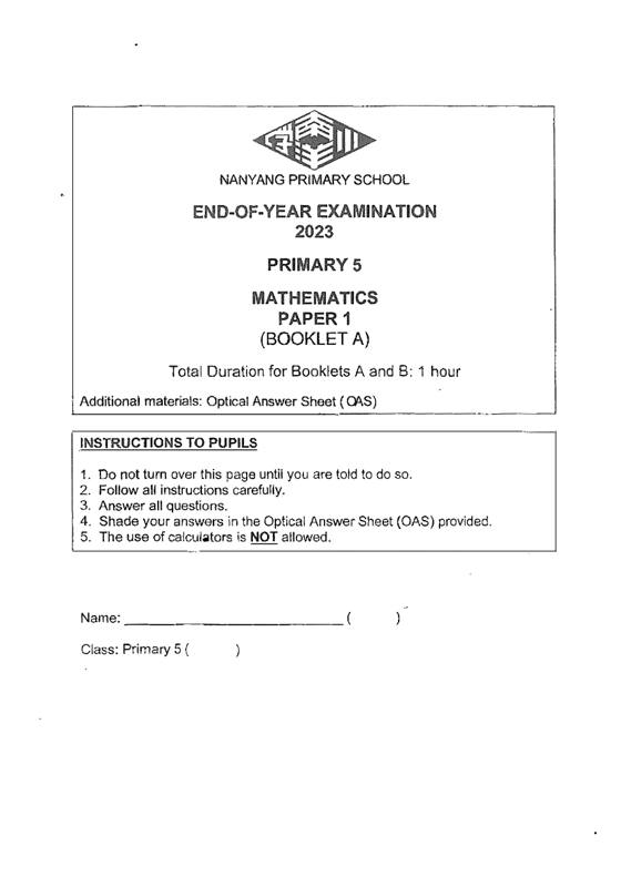 Nanyang 2023 P5 Maths End-of-Year Exam, cover