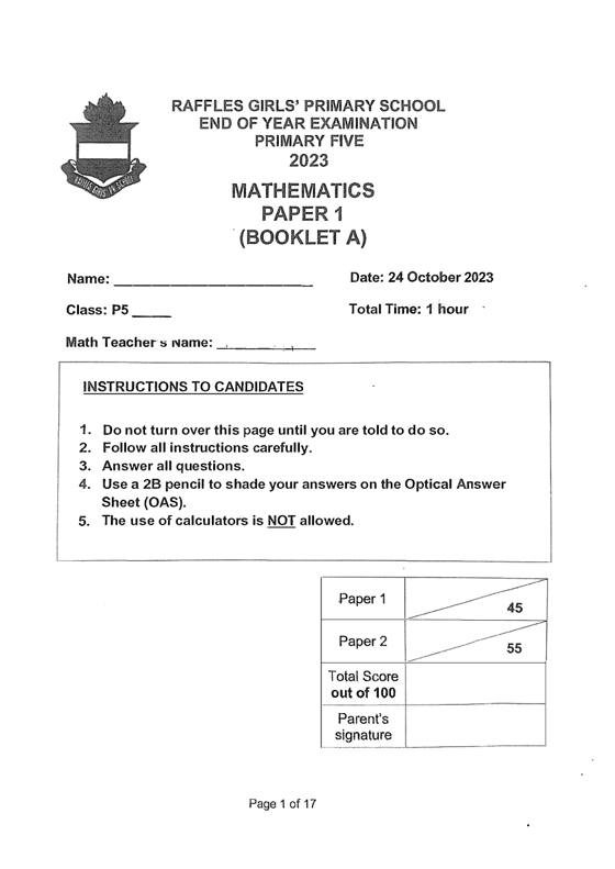 Raffles Girls' 2023 P5 Maths End-of-Year Exam, cover
