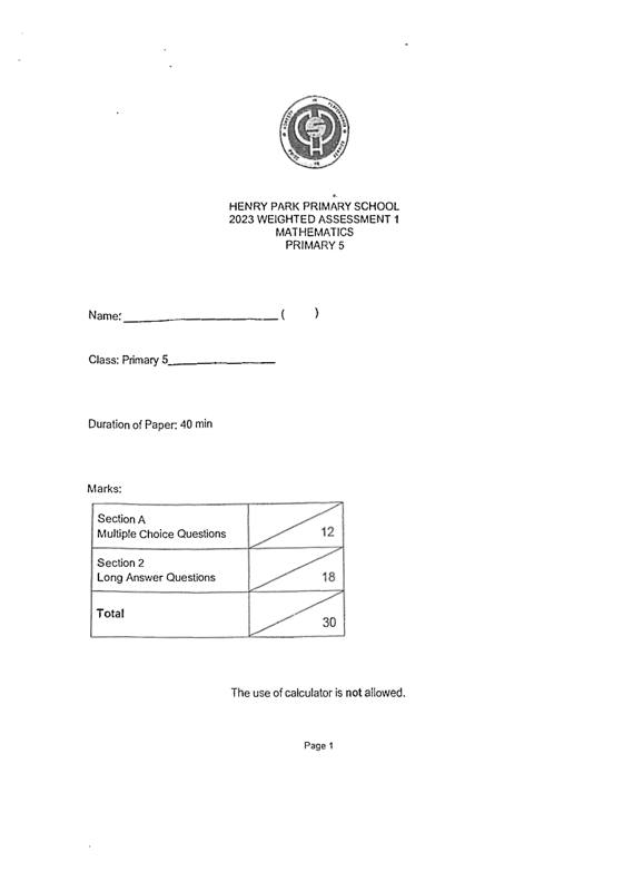 Henry Park 2023 P5 Maths Weighted Assessment 1, cover