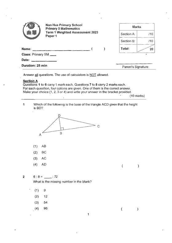 Nan Hua 2023 P5 Maths Weighted Assessment 1, cover