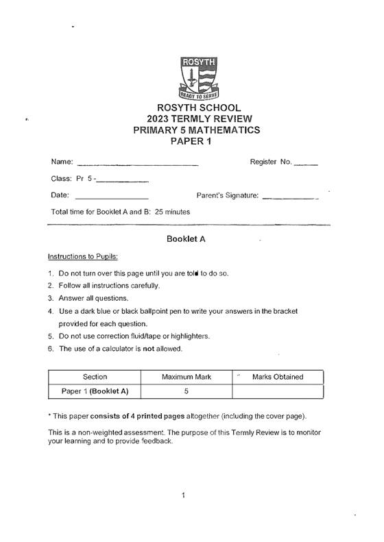 Rosyth 2023 P5 Maths Weighted Assessment 1, cover