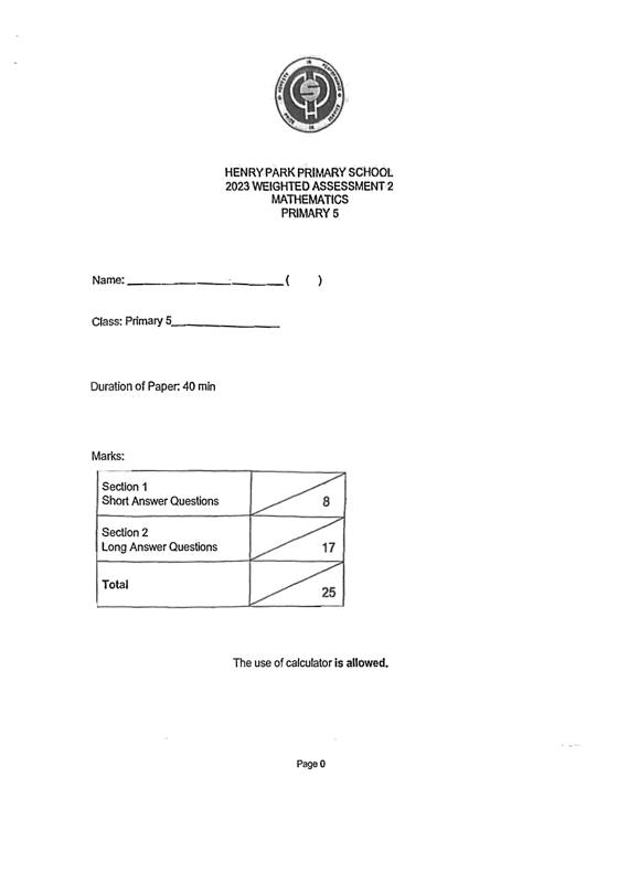 Henry Park 2023 P5 Maths Weighted Assessment 2, cover