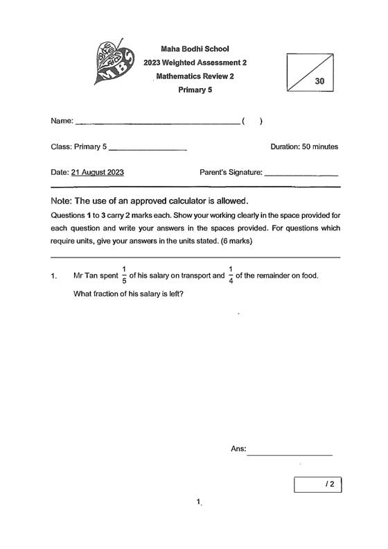 Maha Bodhi 2023 P5 Maths Weighted Assessment 2, cover