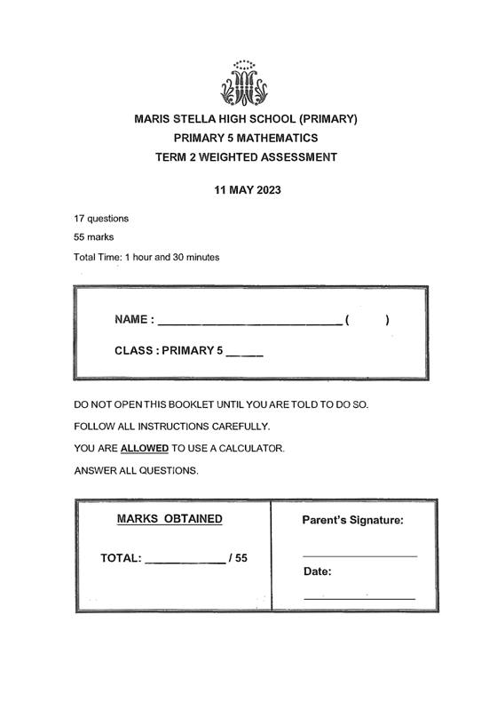 Maris Stella 2023 P5 Maths Weighted Assessment 2, cover