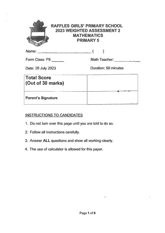 Raffles Girls' 2023 P5 Maths Weighted Assessment 2, cover