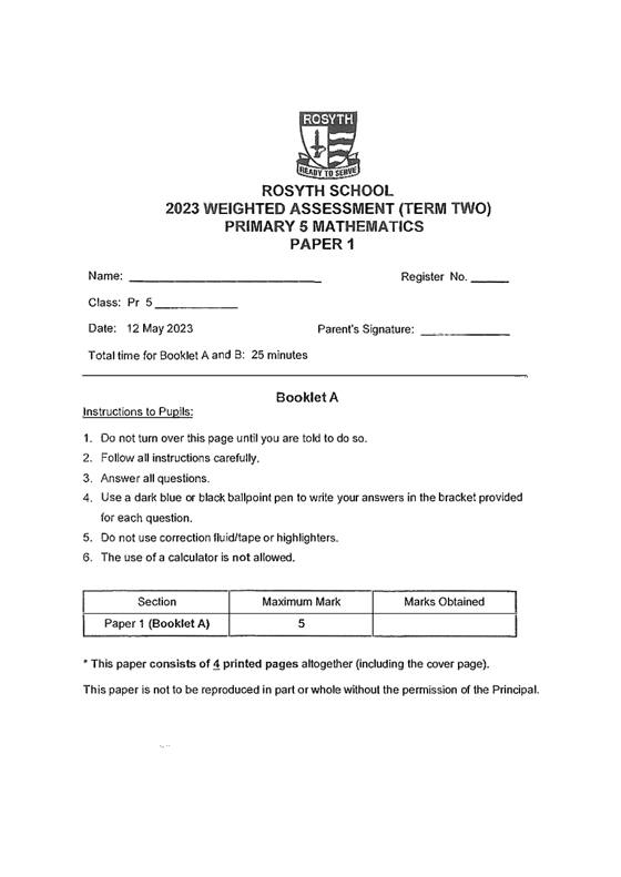 Rosyth 2023 P5 Maths Weighted Assessment 2, cover
