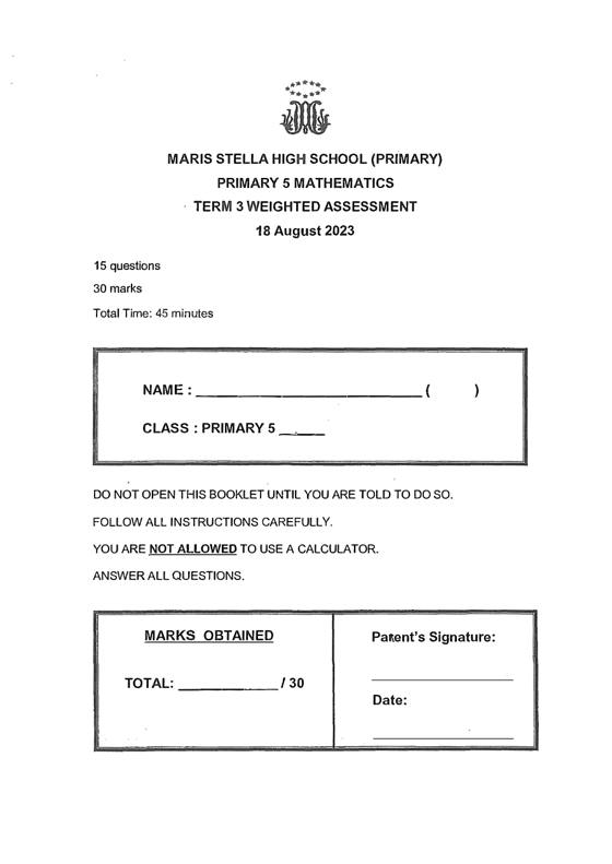 Maris Stella 2023 P5 Maths Weighted Assessment 3, cover