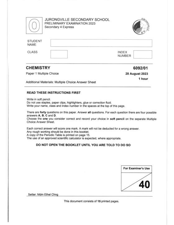 Jurongville 2023 Sec 4 Chemistry Prelim Exam, page 1
