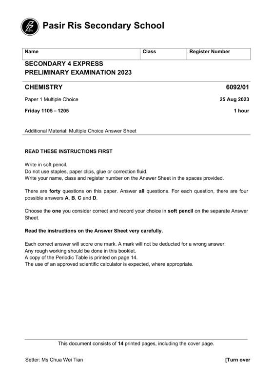 Pasir Ris 2023 Sec 4 Chemistry Prelim Exam Paper 1, page 1