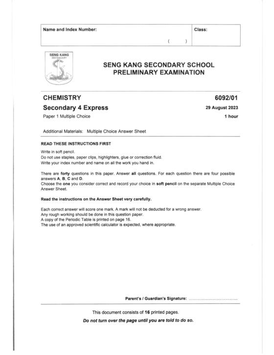 Seng Kang 2023 Sec 4 Chemistry Prelim Exam, page 1