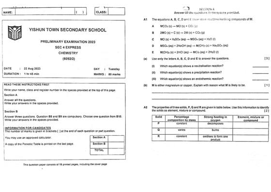 Yishun Town 2023 Sec 4 Chemistry Prelim Exam, page 1