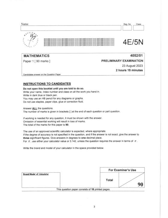 Mayflower 2023 Sec 4 E-Math Prelim Exam, page 1