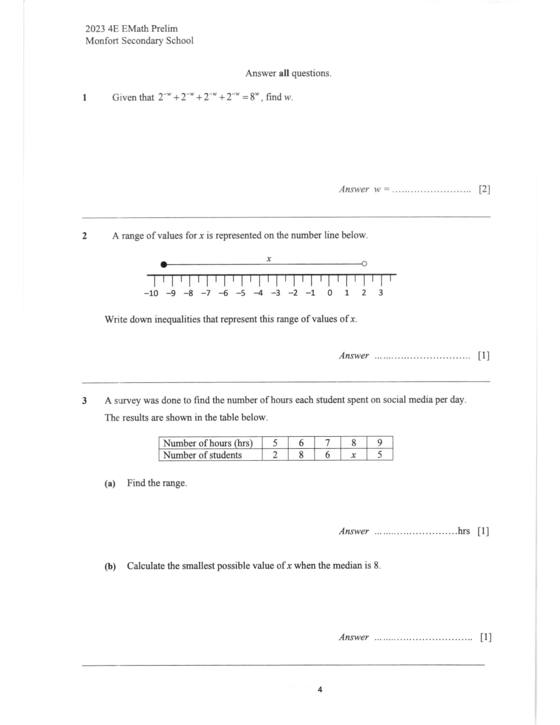 Montfort 2023 Sec 4 E-Math Prelim Exam, page 1