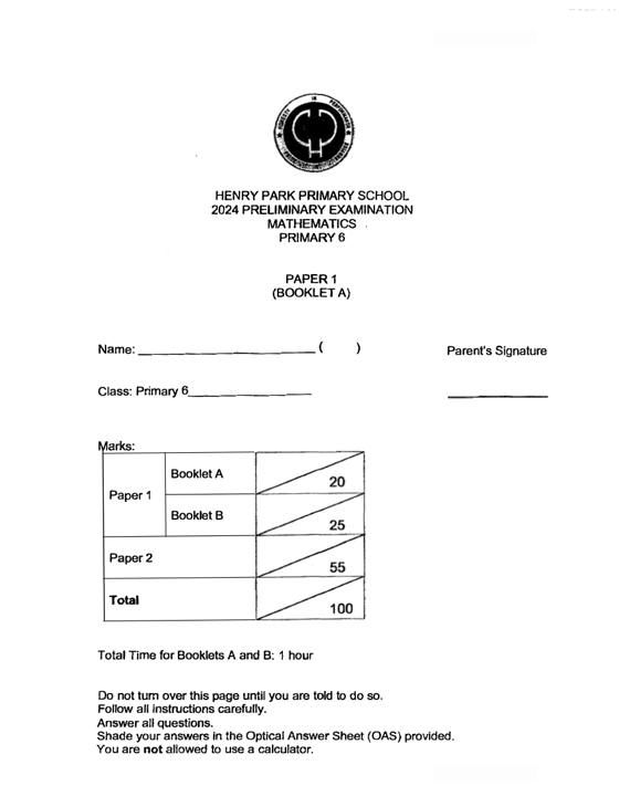Henry Park 2024 P6 Maths Prelim Exam, cover