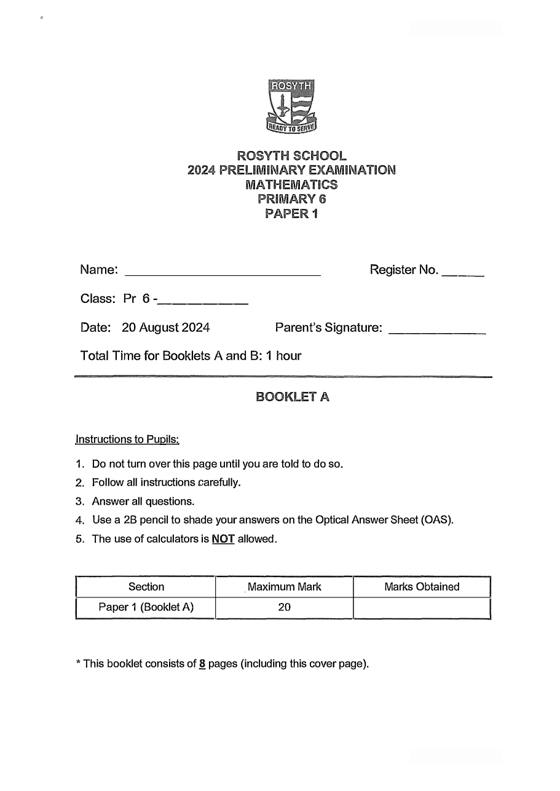 Rosyth 2024 P6 Maths Prelim Exam, cover