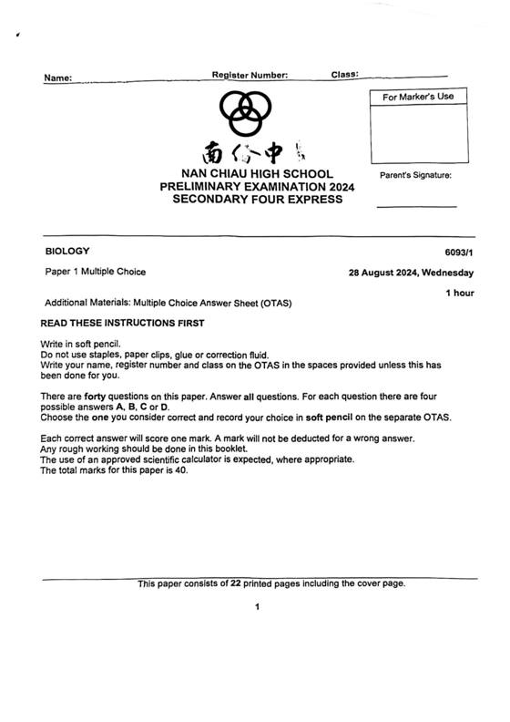 Nan Chiau High 2024 Sec 4 Biology Prelim Exam Paper 1, page 1