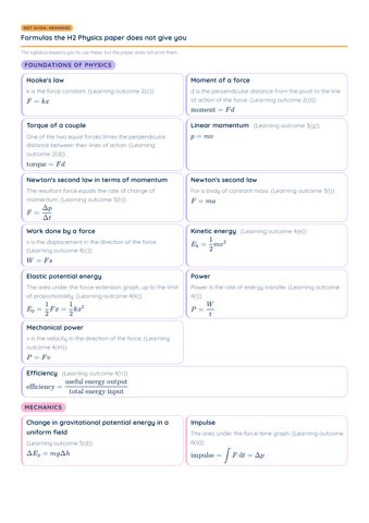 H2 Physics Data and Formulae List PDF, page 3 of 6: Foundations of physics, Mechanics