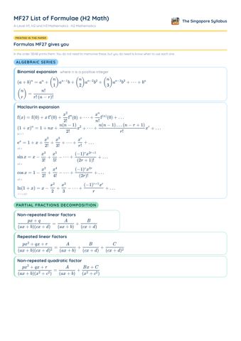 MF27 List of Formulae (H2 Math) PDF, page 1 of 9: Algebraic series, Partial fractions decomposition, Algebra