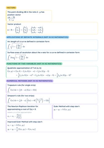 MF27 List of Formulae (H2 Math) PDF, page 3 of 9: Vectors, Applications of definite integrals (not in H2 Mathematics), Functions of two variables (not in H2 Mathematics), Numerical methods (not in H2 Mathematics)