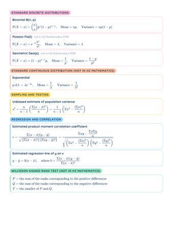 MF27 List of Formulae (H2 Math) PDF, page 4 of 9: Standard discrete distributions, Standard continuous distribution (not in H2 Mathematics), Sampling and testing, Regression and correlation