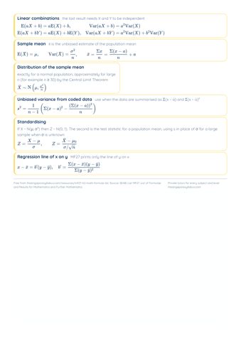 MF27 List of Formulae (H2 Math) PDF, page 9 of 9: Probability and statistics (continued)