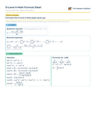 O-Level A-Math Formula Sheet PDF, page 1 of 4: Algebra, Trigonometry