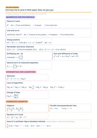 O-Level A-Math Formula Sheet PDF, page 2 of 4: Quadratics and polynomials, Exponentials and logarithms, Coordinate geometry