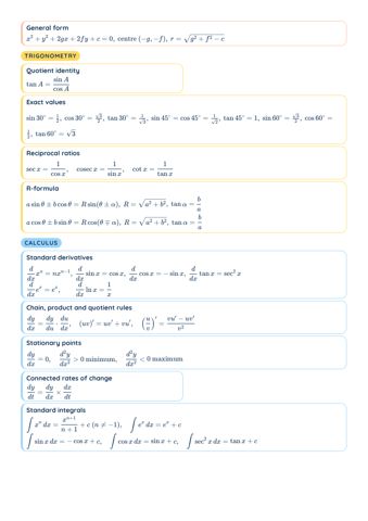 O-Level A-Math Formula Sheet PDF, page 3 of 4: Calculus