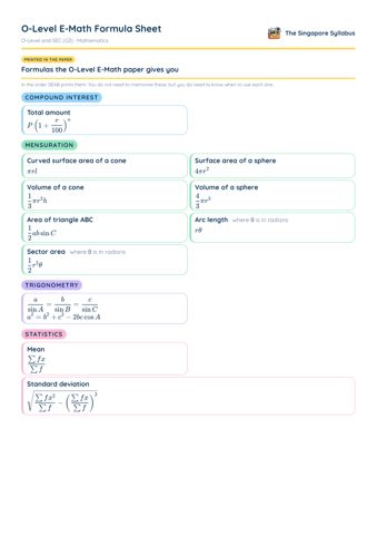 O-Level E-Math Formula Sheet PDF, page 1 of 3: Compound interest, Mensuration, Trigonometry, Statistics
