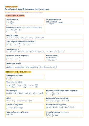 O-Level E-Math Formula Sheet PDF, page 2 of 3: Number and algebra, Geometry and measurement