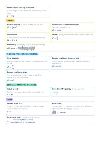 O-Level Physics Formula Sheet PDF, page 2 of 4: Energy, Thermal properties of matter, General properties of waves, Light