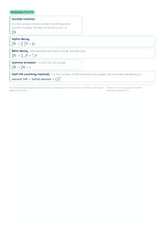 O-Level Physics Formula Sheet PDF, page 4 of 4: Radioactivity